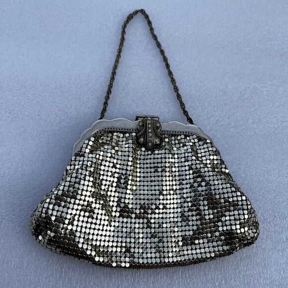 Whiting & Davis Handbags - Vintage Mesh Whiting & Davis Co Silver Hand Bag Purse with Rhinestone Closure
